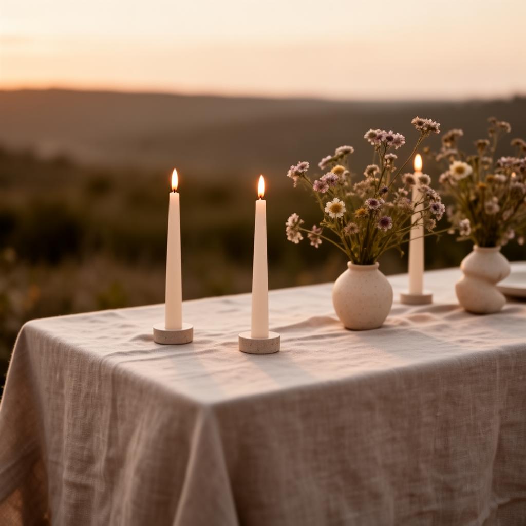 A candlelit linen table setting with wildflowers at dusk