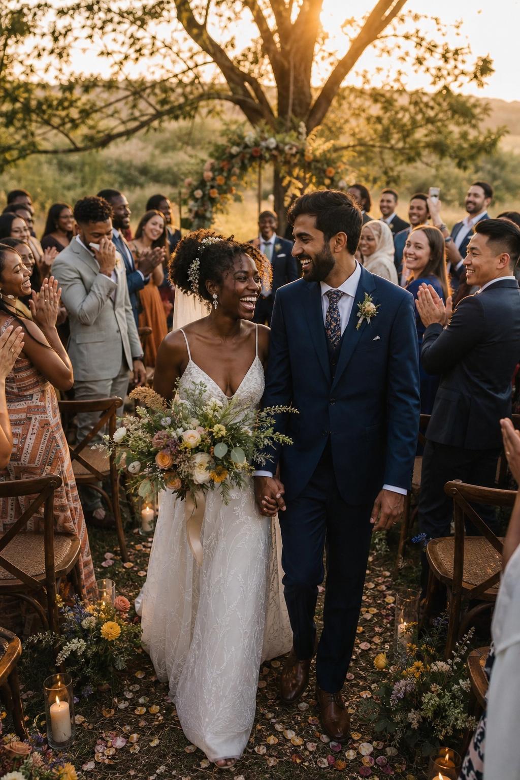 Wooden ceremony chairs in a wild meadow at golden hour